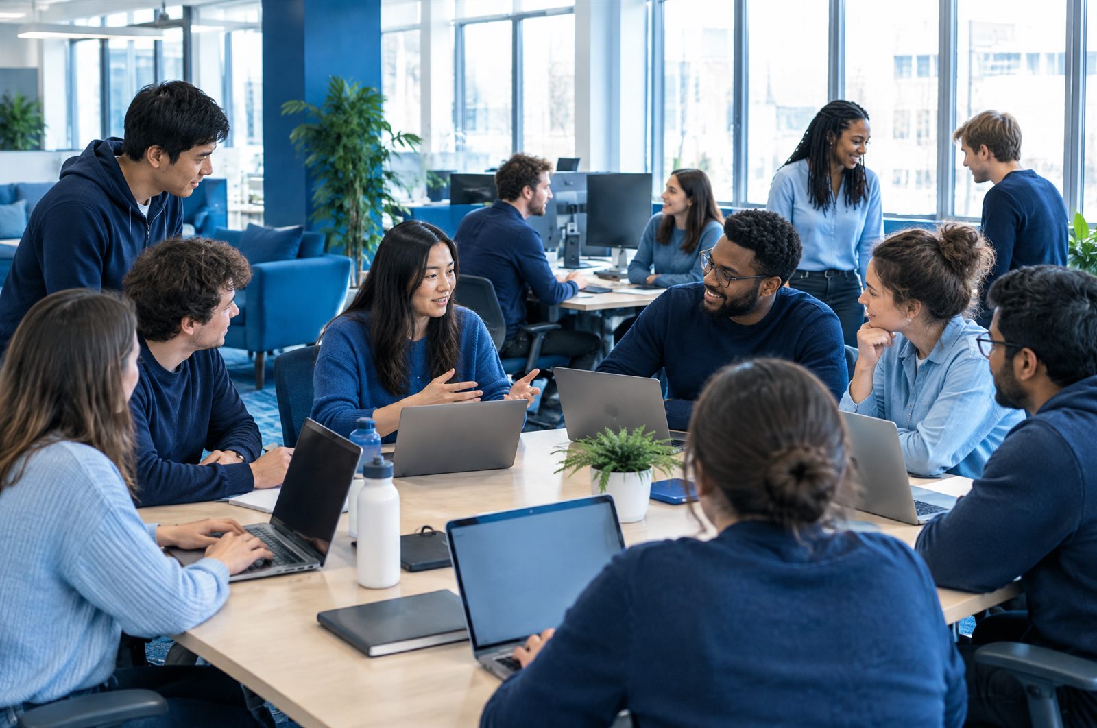 A software engineering team collaborating around laptops in a bright open office
