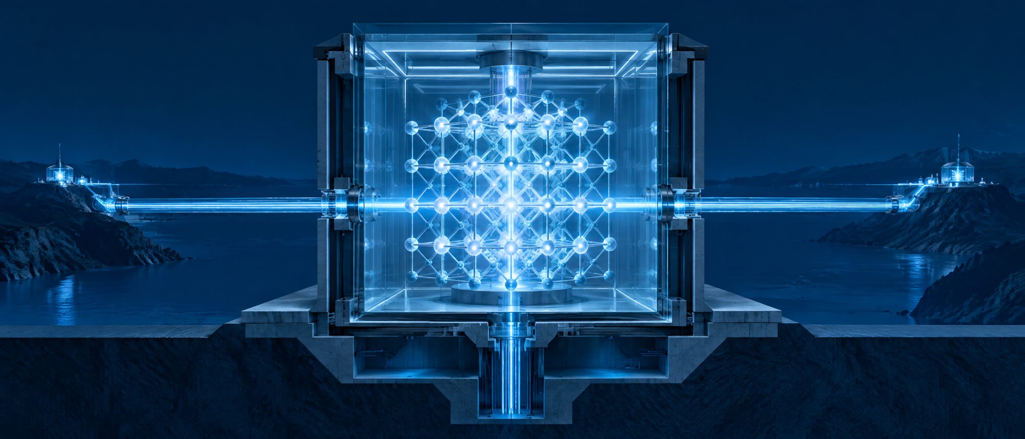 A wide cross-section of a secure glass enclosure holding a glowing lattice, with direct conduits reaching nodes outside