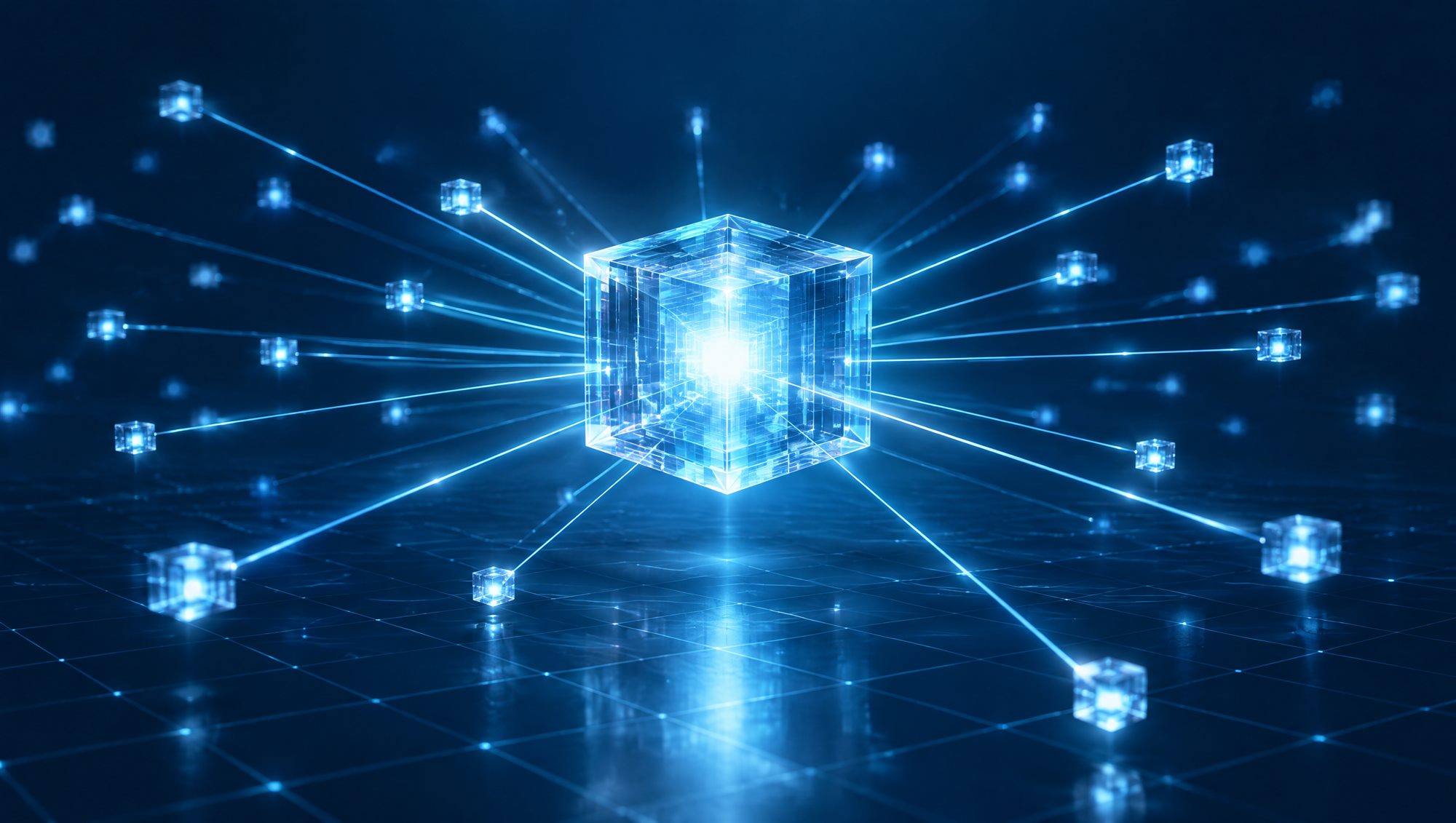 A luminous glass core with many distant nodes connecting to it through direct light conduits, representing trading partners connecting straight into one Dynamics 365 environment