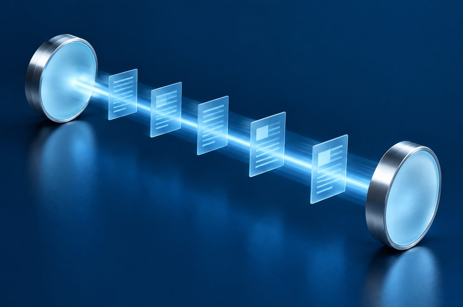 Two glass endpoints connected by a single beam of light carrying translucent documents, with nothing in between