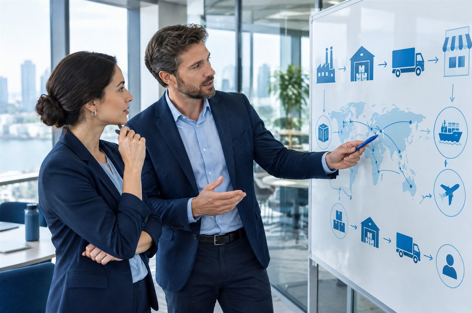 Two consultants at a whiteboard reviewing a supply-chain integration plan in a glass-walled office