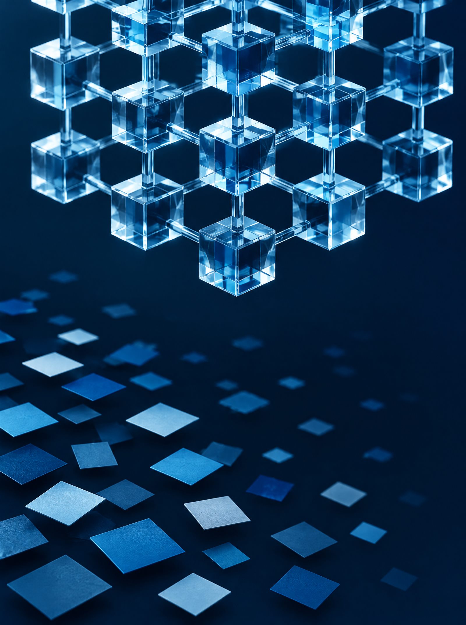 An ordered lattice of connected glass cubes above a scatter of loose flat tiles