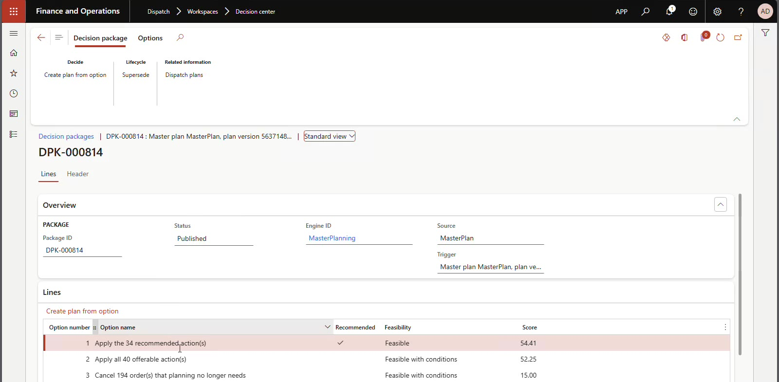 Framework Advisor decision package in Dynamics 365 Finance and Operations showing three scored options, with option one, apply the 34 recommended actions, marked as recommended
